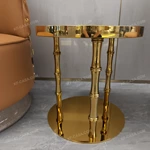 Round Burl Veneer Sofa Side Table with Segmented Gold Stainless Steel Columns and Circular Base